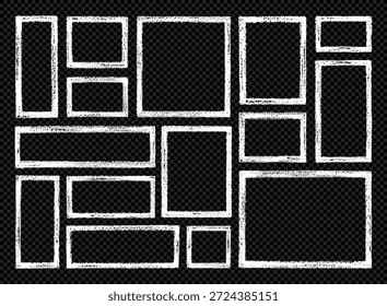 Chalk frame, kid rectangle and square text box by crayon, brush, chalk. Children border for photo. Sketch white frame with crayon grunge rough texture. Transparent blackboard boarder. Snow write line
