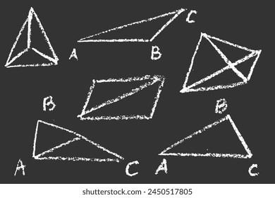 Chalk geometry icons doodle style. Crayons sketch elements for mathematics lessons in school. Vector illustration