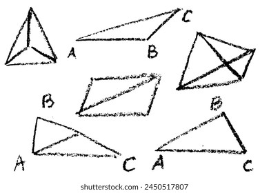 Chalk geometry icons doodle style. Crayons sketch elements for mathematics lessons in school. Vector illustration