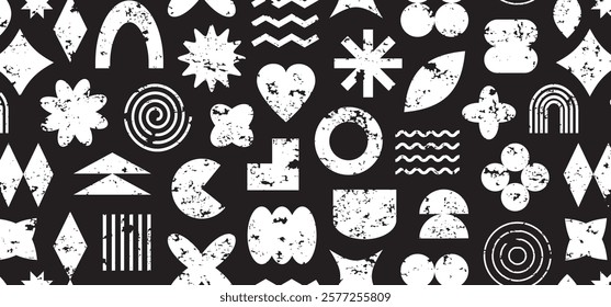 Chalk geometry shape retro seamless pattern, charcoal abstract y2k background, crayon modern funky print, simple groovy element repeat, black and white futuristic form bg. Abstract vector illustration