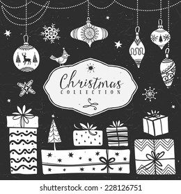 Chalk gift boxes and tree balls. Christmas collection. Hand drawn illustration. Design elements. Vol.3