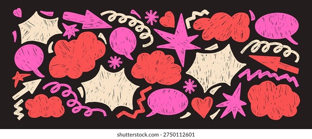 Chalk girly speech bubbles, bangs, cloud and geometric shapes. Abstract irregular pastel figures. Pink arrow, freeform elements, stars and heart form. Vector design brush set isolated no background.