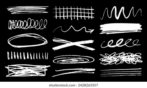 Chalk graffiti doodle punk and grunge shapes collection. Hand drawn abstract scribbles and squiggles, creative various shapes, pencil drawn icons. Scribbles, scrawls, brush strokes, curly lines.