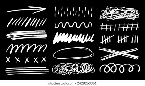 Chalk graffiti doodle punk and grunge shapes collection. Hand drawn abstract scribbles and squiggles, creative various shapes, pencil drawn icons. Scribbles, scrawls, brush strokes, curly lines.