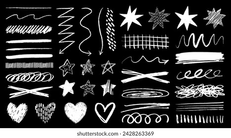 Chalk graffiti doodle punk and grunge shapes collection. Hand drawn abstract scribbles and squiggles, creative various shapes, pencil drawn icons. Scribbles, scrawls, stars, heart, curly lines.