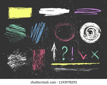 	
Chalk graphic colorful elements collection/ Chalk forms on black board. Vector illustration