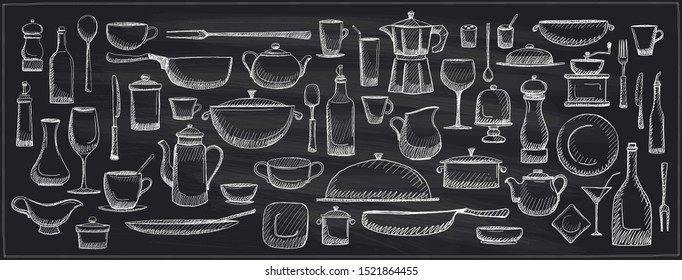 Chalk graphic doodle set of kitchen utensils and tableware, hand drawn art line vector illustration
