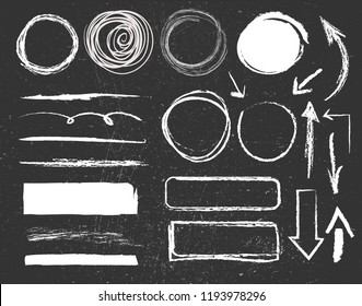 	
Chalk graphic elements collection - arrows, frames, rectangle, oval and round shapes. Chalk forms on black board. Vector illustration