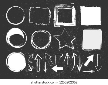 	
Chalk graphic elements collection - arrows, frames, lines, rectangles, oval and round shapes. Chalk forms on black board. Vector illustration