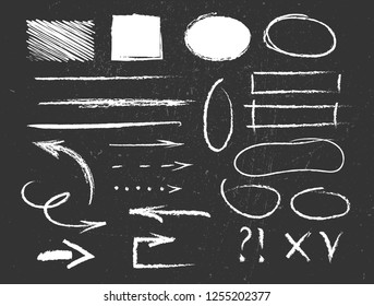 	
Chalk graphic elements collection - arrows, frames, lines, rectangles, oval and round shapes. Chalk forms on black board. Vector illustration