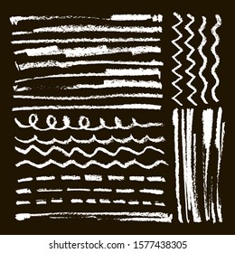 Chalk graphic elements collection arrows, frames, rectangle, oval and round shapes. Chalk forms on black board. Vector illustration