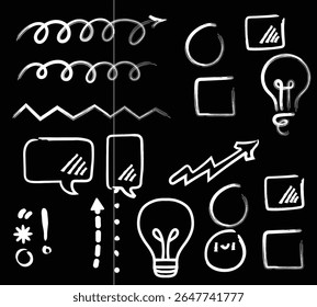 Chalk graphic elements collection - arrows, frames, rectangle, oval and round shapes. Chalk forms on black board, vector illustration, Hand drawn sketch hand drawn elements, scribble line brush.