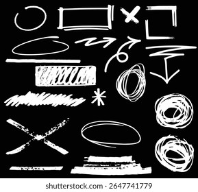 Chalk graphic elements collection - arrows, frames, rectangle, oval and round shapes. Chalk forms on black board, vector illustration, Hand drawn sketch hand drawn elements, scribble line brush.