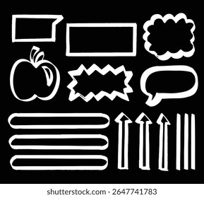 Chalk graphic elements collection - arrows, frames, rectangle, oval and round shapes. Chalk forms on black board, vector illustration, Hand drawn sketch hand drawn elements, scribble line brush.
