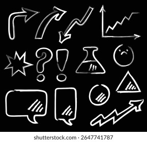 Chalk graphic elements collection - arrows, frames, rectangle, oval and round shapes. Chalk forms on black board, vector illustration, Hand drawn sketch hand drawn elements, scribble line brush.