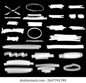 Chalk graphic elements collection - arrows, frames, rectangle, oval and round shapes. Chalk forms on black board, vector illustration, Hand drawn sketch hand drawn elements, scribble line brush.