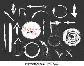 Chalk graphic elements collection - arrows, frames, lines, oval and round shapes. Chalk forms on black board. Vector illustration