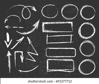Chalk  graphic elements collection - arrows, frames, rectangle, oval and round shapes. Chalk forms on black board. Vector illustration
