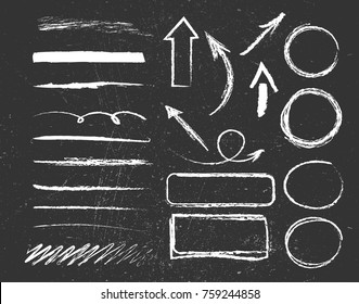 Chalk graphic elements collection - arrows, frames, rectangle, oval and round shapes. Chalk forms on black board. Vector illustration
