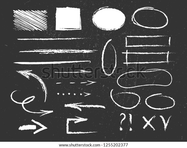 	\
Chalk graphic elements collection -\
arrows, frames, lines, rectangles, oval and round shapes. Chalk\
forms on black board. Vector\
illustration