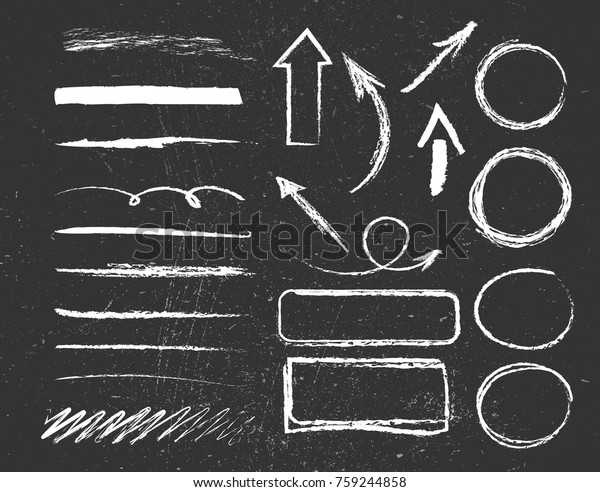 Chalk graphic elements collection -\
arrows, frames, rectangle, oval and round shapes. Chalk forms on\
black board. Vector\
illustration\
