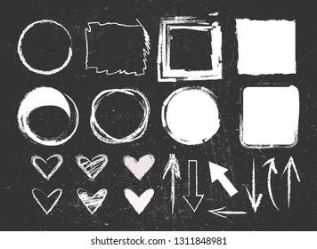 Chalk graphic elements collection - hearts, arrows, frames, rectangle, oval and round shapes. Chalk forms on black board.