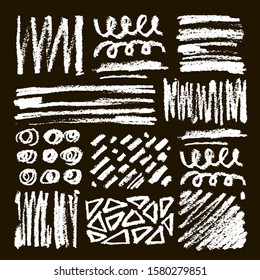 Chalk graphic elements collection strokes, lines, rectangle, oval and round shapes. Chalk forms on black board. Vector illustration