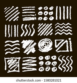 Chalk graphic elements collection strokes, lines, rectangle, oval and round shapes. Chalk forms on black board. Vector illustration