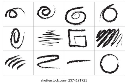 Chalk graphic elements collection. Vector set of hand drawn chalk frames, circle, oval, grunge line, rectangle, strokes, stripes. Chalk forms on black board. Vector illustration