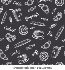 Chalk graphic elements on a chalkboard. Vector seamless pattern. Сup of tea and coffee, candies, bakery 