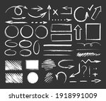 Chalk graphic elements. Vector set of hand drawn chalk frames, arrows, oval, grunge line, rectangle, strokes, stripes. Chalk forms and brushes on school blackboard. Wavy, dashed underline strokes
