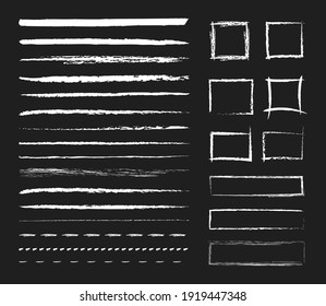 Chalk graphic elements. Vector set of chalk brushes, grunge lines, strokes, square frame, rectangle. Hand drawn elements on school blackboard. Borders with a rough chalk texture. Horizontal  lines