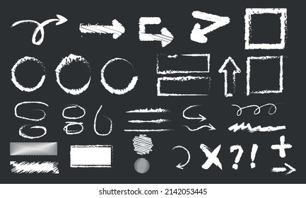 Chalk graphic elements. Vector set of hand-drawn chalk boards, arrows, oval, grunge line, rectangle, strokes, stripes. Chalk shapes and brushes on the school blackboard. Wavy and dashed underline stro