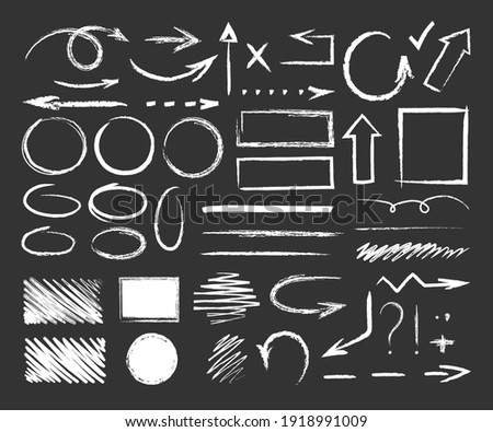 Chalk graphic elements. Vector set of hand drawn chalk frames, arrows, oval, grunge line, rectangle, strokes, stripes. Chalk forms and brushes on school blackboard. Wavy, dashed underline strokes