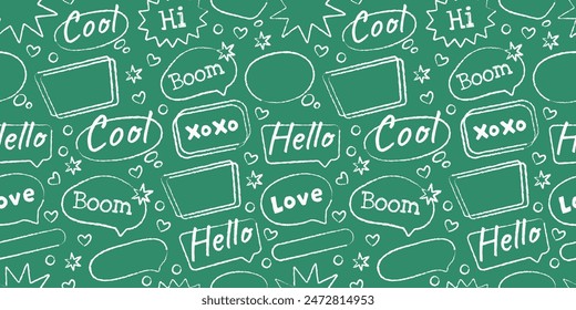 Chalk graphic frames, rectangles, oval, and round shapes. Seamless pattern. School blackboard. Chalk forms on green school board. Rough chalk, scribble crayon. Vector illustration.