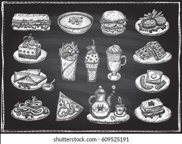 Chalk-grafische Darstellung verschiedener Speisen, Desserts und Getränke, handgezeichnete Vektorsymbole auf Chalkboard-Hintergrund