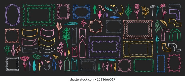 Chalk grunge arrows set. Colorful chalk sketches. Grunge up, down, left, right arrows collection. Chalkboard scribbles. Grungy pointer.