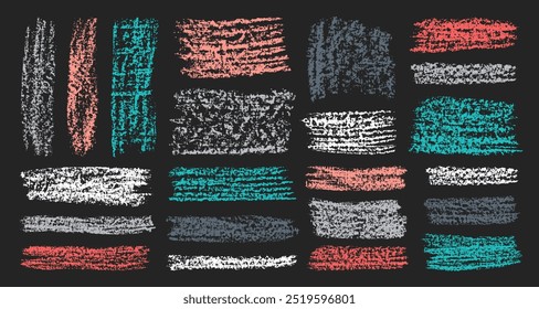 Fundo grunge giz definido. Esboços abstratos de quadro-negro. Escotilhas coloridas de lápis de giz e rabiscos. Coleção de cenários sujos.