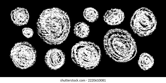 Chalk grunge circles set. Grunge round shapes. Chalkboard sketches. Grunge backgrounds. White chalk hatches and scribbles.