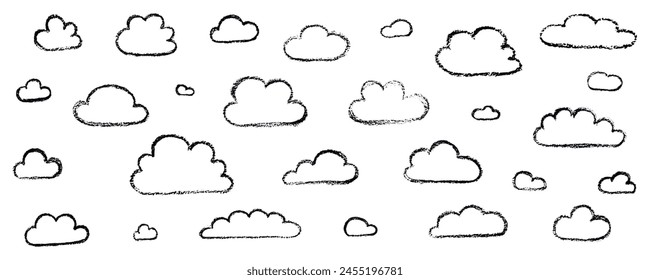 Conjunto de nubes grunge de tiza. Ilustración de crayón infantil de stock de Vector dibujado a mano aislado sobre fondo blanco para el arte de diseño Plantilla material educativo infantil, pronóstico de Clima, presentación de negocios. EPS10