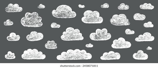 Chalk grunge cloud set. Hand drawn vector stock kid crayon illustration isolated on black background for design template art children education material, weather forecast, business presentation. EPS10