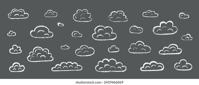 Chalk grunge cloud set. Hand drawn vector stock kid crayon illustration isolated on black background for design template art children education material, weather forecast, business presentation. EPS10