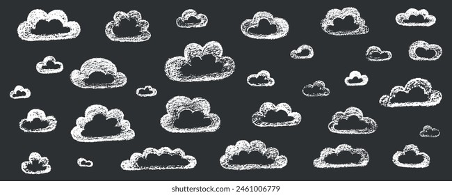 Chalk grunge cloud set. Hand drawn vector stock kid crayon illustration isolated on black background for design template art children education material, weather forecast, business presentation. EPS10