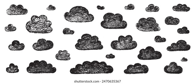 Chalk grunge cloud set. Hand drawn vector stock kid crayon illustration isolated on white background for design template art children education material, weather forecast, business presentation. EPS10