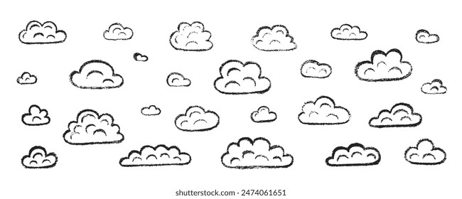 Chalk grunge cloud set. Hand drawn vector stock kid crayon illustration isolated on white background for design template art children education material, weather forecast, business presentation. EPS10