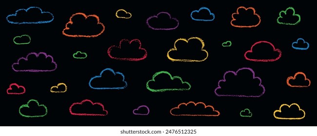 Chalk grunge cloud set. Hand drawn vector stock kid crayon illustration isolated on black background for design template art children education material, weather forecast, business presentation. EPS10