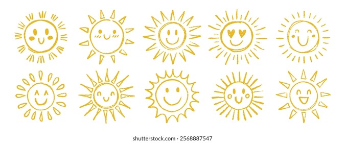 Chalk grunge cute sun with crayon, pastel texture set. Happy sun with smile for kids. yellow summer illustration hand drawn style. Vector illustration