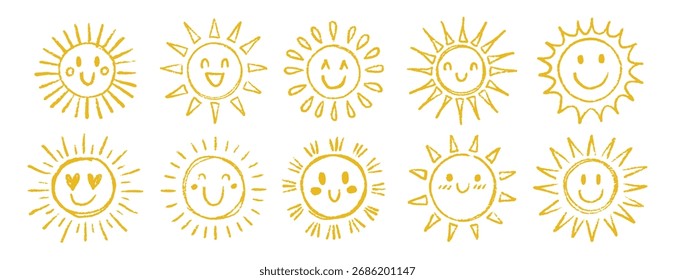 Tiza grunge lindo sol con crayón, conjunto de textura pastel. Sol feliz con la sonrisa para los niños. estilo dibujado a mano de la ilustración amarilla del verano. Ilustración vectorial