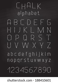 Chalk grunge font. Vector white alphabet letters and numbers on blackboard.