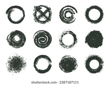 Chalk grunge frames. Abstract hand drawn charcoal round borders, black chalk pencil frame. Textured borders flat vector illustration set